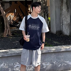 抖音得物高品质二开240克宽松纯棉美式潮牌插肩袖拼接短袖T恤，男装T恤，电商A486