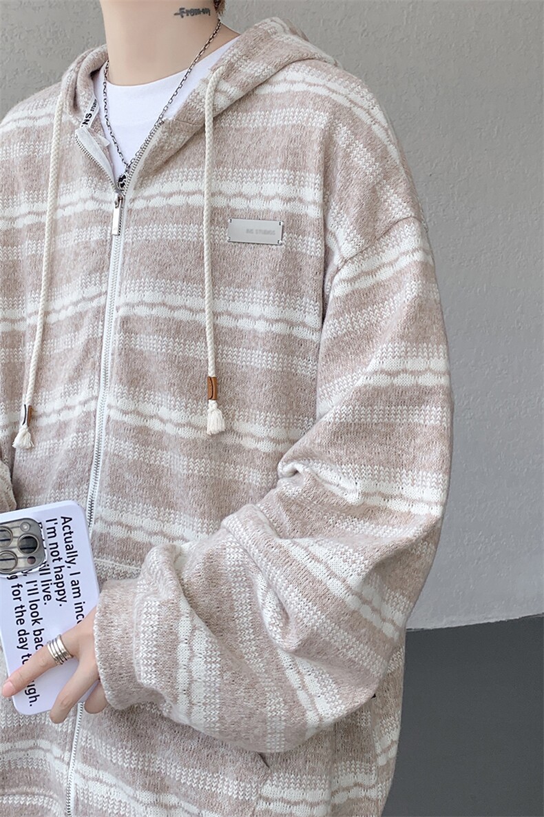 8XL-M潮情侣美式磨毛编织条纹针织衫卫衣宽松拉链外套WY30P88,男装针织衫/毛衣,电商D206-1