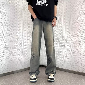 美式vibe裤子高街水洗牛仔裤男设计感小众拉链裤N7182P43图片