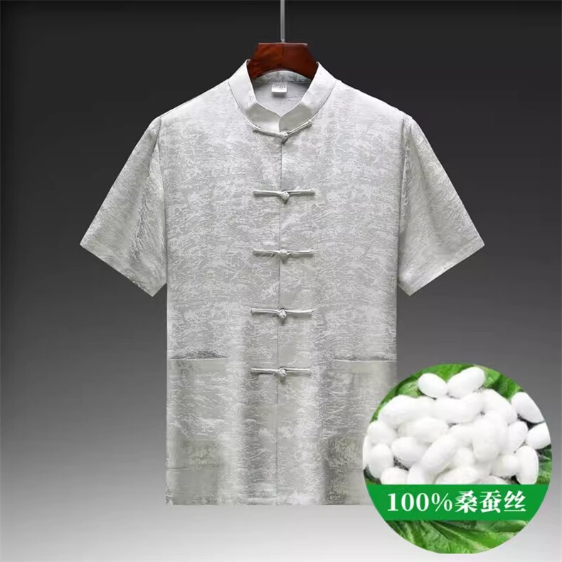 夏款高端唐装短袖薄款绸缎男装休闲男上衣，男装衬衫，钱塘6003B