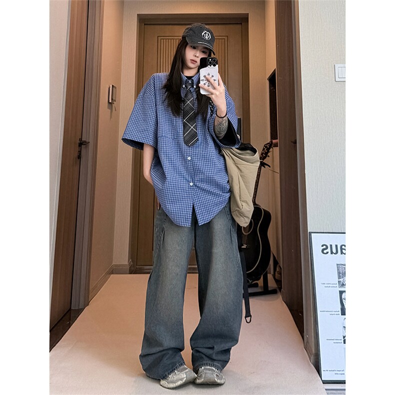 特批P30无差价夏季美式高街格子设计男大码潮流短袖衬衫CD5495图片