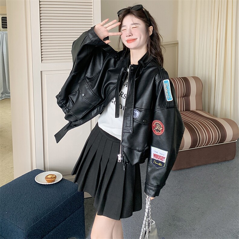 贴标黑色工装皮衣外套女春秋2025新款短款小个子pu皮夹克美式韩系,女装短外套,2C201