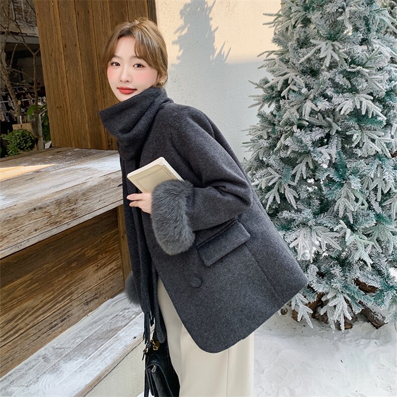 狐狸毛羽绒内胆厚毛呢外套配围巾4429-P270-K398,女装羽绒服,2C126