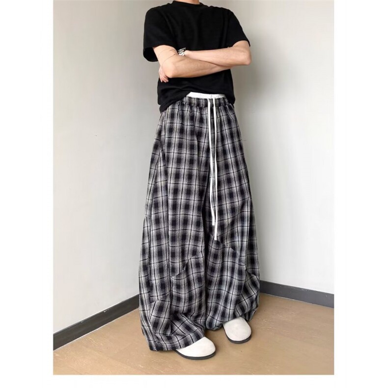 AK2144-P52复古慵懒风双腰头拼接格子阔腿裤男女同款,女装休闲裤,星座617A-2