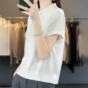 polo领天丝针织短袖女夏季新款纯色绣片提花背心百搭显瘦上衣t恤图片
