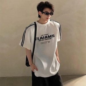 抖音得物高品质二开240克宽松纯棉美式潮牌三条杠织带短袖T恤图片