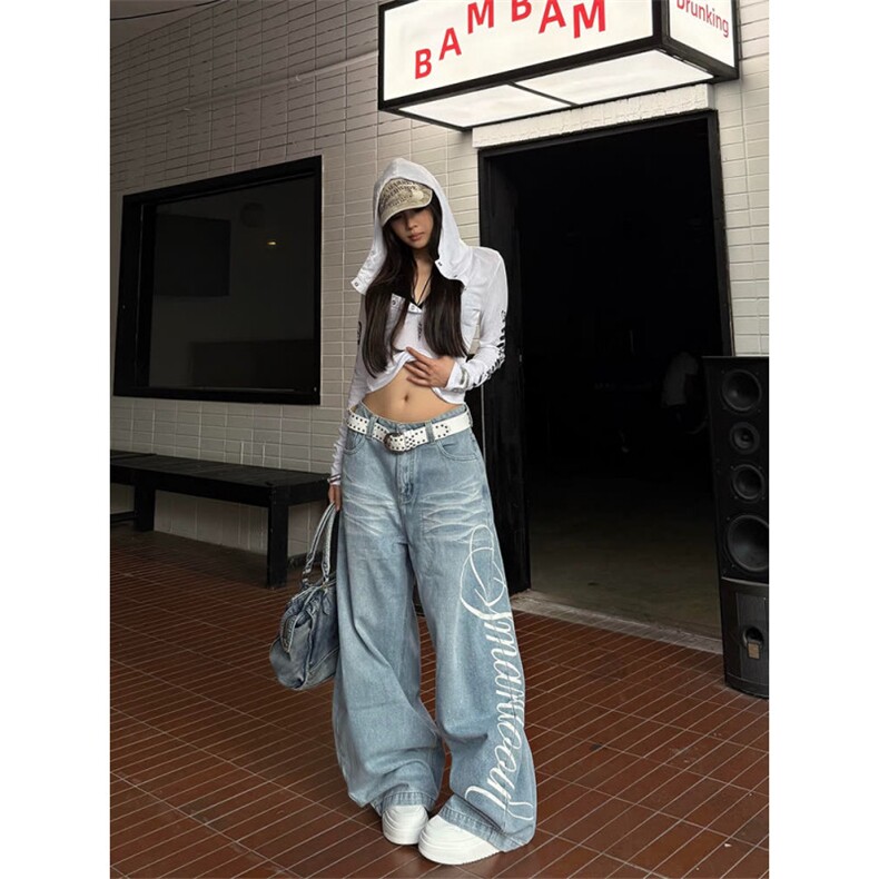 美式复古弯刀牛仔裤男女2025新款水洗直筒做旧刺绣宽松显瘦阔腿裤,男装牛仔裤,星座506A