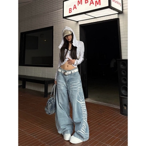美式复古弯刀牛仔裤男女2025新款水洗直筒做旧刺绣宽松显瘦阔腿裤图片