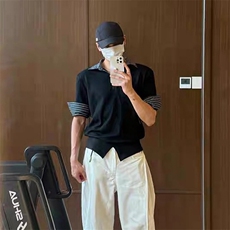 得物抖音高品质二开夏季美式潮牌假两件条纹衬衫翻领高街短袖T恤，男装T恤，电商A486