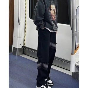 欧美高街vibe裤子男秋冬季流苏拼接牛仔裤直筒休闲裤 N8150图片