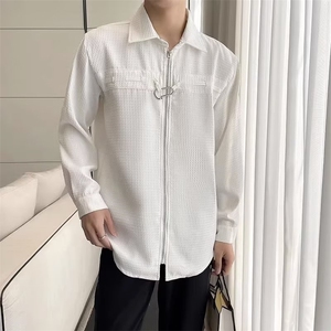 C246-P38 夏季华夫格设计感宽松拉链衬衫男韩版高级小众图片