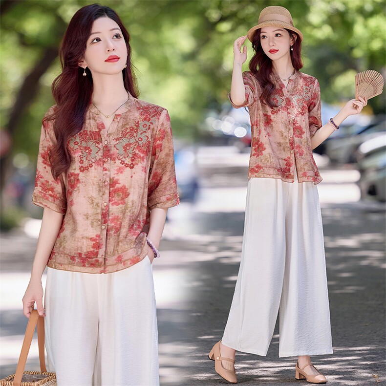 现货！夏季新款2025套装女简约时尚优雅气质印花天丝麻刺绣两件套，女装套装/套裙，魅影