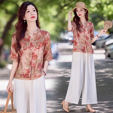 现货!夏季新款2025套装女简约时尚优雅气质印花天丝麻刺绣两件套,女装套装/套裙,魅影, 现货!夏季新款2025套装女简约时尚优雅气质印花天丝麻刺绣两件套,女装套装/套裙,魅影,