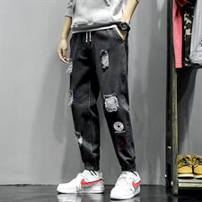2021春季新日系大码男美式束脚星标印花破洞牛仔九分裤N8100-P55，男装牛仔裤，电商A001