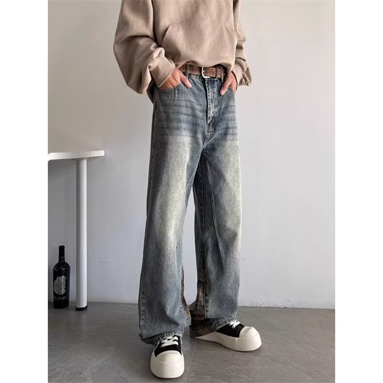 美式格子拼接微喇牛仔裤男款春秋复古高街宽松弯刀裤子RK3222-P46,男装牛仔裤,星座412-3