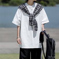 8XL-M潮情侣美式拼接打结格子假两件短袖宽松纯棉T恤男DX338，男装T恤，电商D206-1