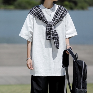 8XL-M 潮情侣美式拼接打结格子假两件短袖宽松纯棉T恤男 DX338图片