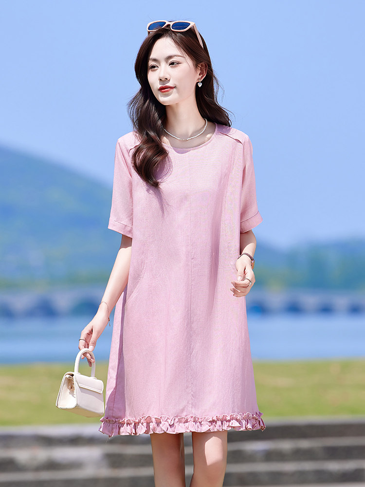 2025夏季新款女装时尚百搭圆领宽松显瘦设计感气质短袖法式连衣裙,女装连衣裙,靓衣阁