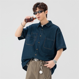 夏季新款牛仔短袖衬衫男宽松潮流薄款外套图片