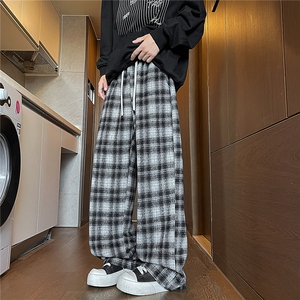 重磅430g秋冬毛呢格子裤大码阔腿直筒裤休闲长裤LK505-特P42-控78图片