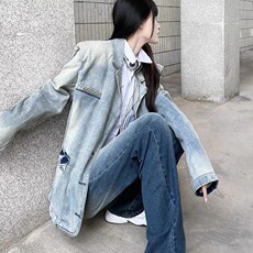 牛仔上衣春秋季新款复古独特设计感宽松西装领夹克设计感JK8925，男装工装外套，星座516A