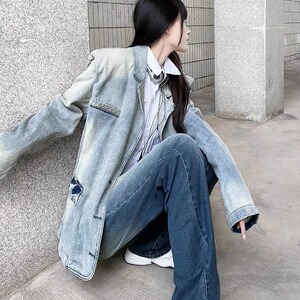 牛仔上衣春秋季新款复古独特设计感宽松西装领夹克设计感JK8925图片