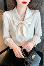春季新款气质衬衫纯色蝴蝶结雪纺衫上衣简约百搭小衫，女装蕾丝衫/雪纺衫，美吧服饰