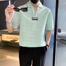 夏季POLO衫领短袖衬衫男设计感千鸟格冰丝半袖衬衣男装T恤T558，男装T恤，星座1116A-2（原606A-1）