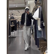 美式复古三条杠条纹裤子男春秋款花灰色卫裤直筒垂感阔腿休闲长裤，男装休闲裤，星座908-1