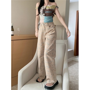 X196-P55 复古碎花直筒牛仔裤夏季新款浅色宽松裤子图片