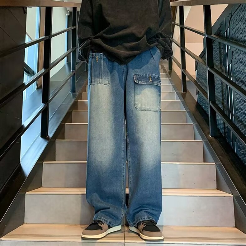美式vibe高街裤子ins潮口袋设计工装牛仔裤男秋冬潮牌垂感拖地裤,男装牛仔裤,星座716-4