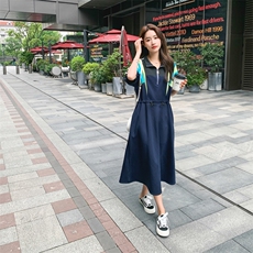撞色条纹休闲卫衣裙女中长款夏季收腰设计感polo领针织t恤连衣裙，女装连衣裙，帛香坊