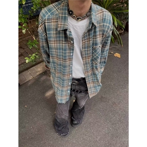 日系ins简约原宿潮流文艺气质时尚慵懒百搭流行纯棉格子衬衫新款图片