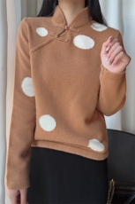 时尚波点羊毛女士毛衣优雅立领设计温暖舒适秋冬，女装羊毛衫，臻纶羊绒