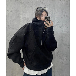 抖音得物二开 美式重磅宽松结构拉链设计防风高领连帽卫衣外套W76图片