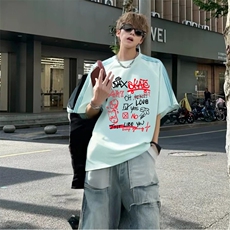 抖音得物品质二开240克宽松纯棉美式潮牌印花三条杠中性风短袖T恤，男装T恤，电商A486