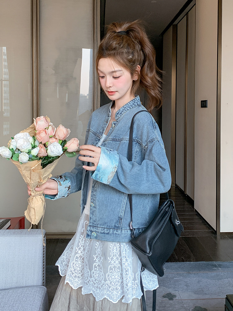 蓝色新中式国风一整套穿搭女2025春季牛仔外套叠穿蕾丝内搭,女装短外套,浙宝192（原082）