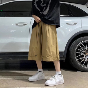 日系裤子小众设计感卡其色阔腿裤抽绳美式工装六七分短裤K004-P30图片