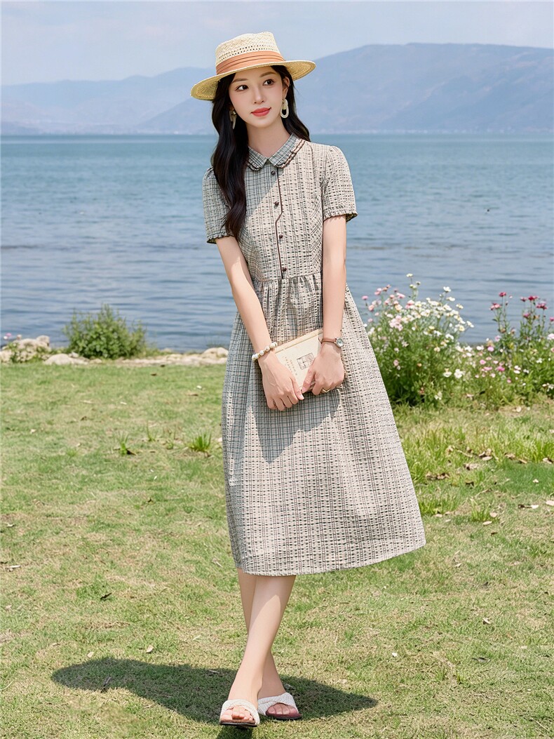 学院风格纹连衣裙女春夏收腰显瘦中长裙格子裙子,女装连衣裙,水衣源