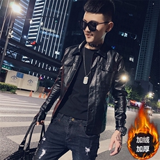 2025新款翻领皮衣男帅气修身机车服pu皮夹克外套P1902-P115绒125，男装夹克，电商A368