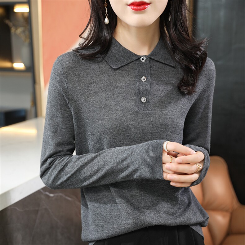 精纺羊毛POLO领打底衫女内搭2025秋冬新款针织衫宽松上衣长袖毛衣，女装羊毛衫，君贝羊绒