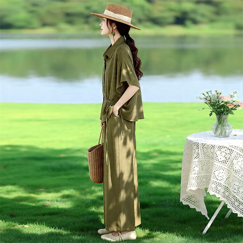 芷墨夏季新款宽松通勤百搭套装两件套装复古休闲遮肉上衣阔腿裤女,女装套装/套裙,芷墨服饰