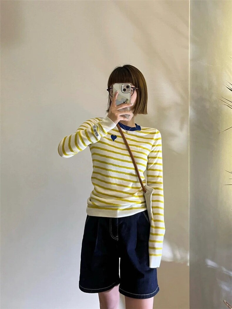 女士新款爱心刺绣条纹撞色针织衫长袖,针织衫/毛衣,沐策羊绒