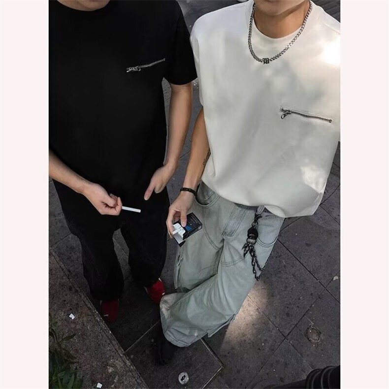 美式高街短袖男款夏季cleanfit潮牌小领口t恤高级感小众拉链半袖,男装T恤,星座506A