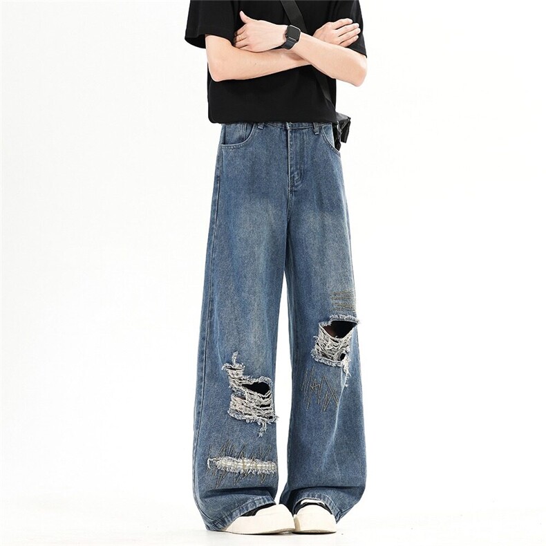 美式破洞牛仔裤男女春夏刺绣设计感休闲直筒裤阔腿裤新款，男装牛仔裤，星座601-1