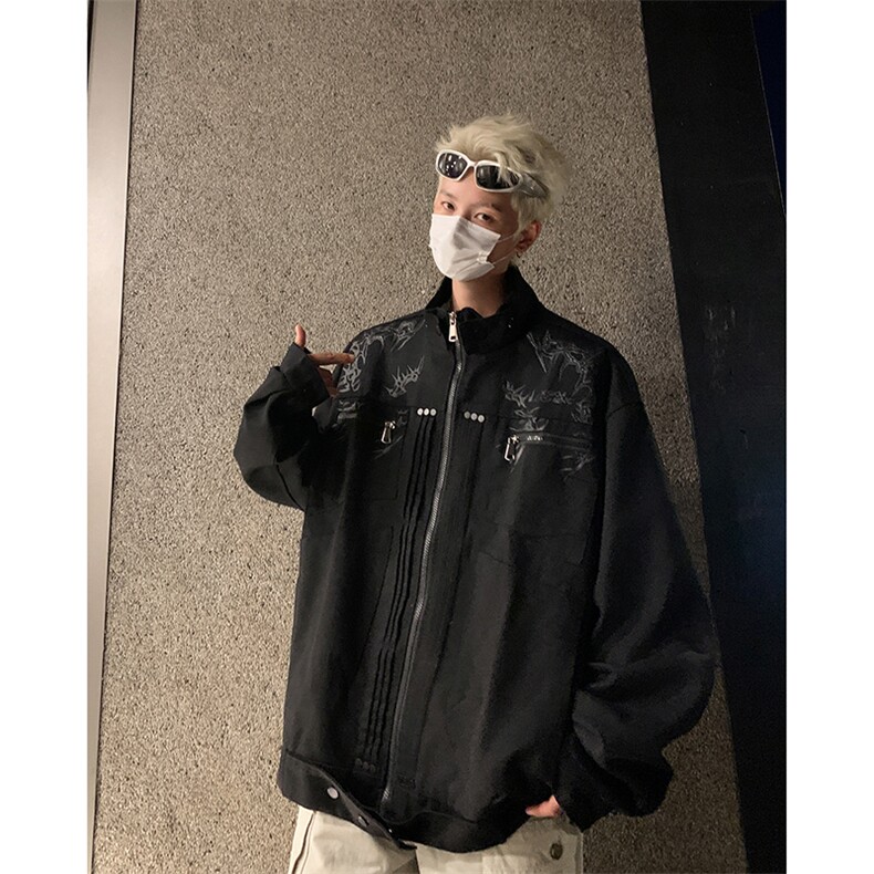 美式高街纯棉水洗印花立领机车服上衣男款宽松高级感夹克外套,男装夹克,星座410-6（原星座1304-1）