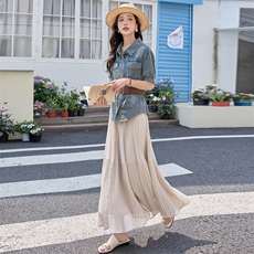 周章章"洛米娜"重工压褶雪纺半身裙女高腰显瘦温柔百搭垂感长裙子，女装套装/套裙，美沁