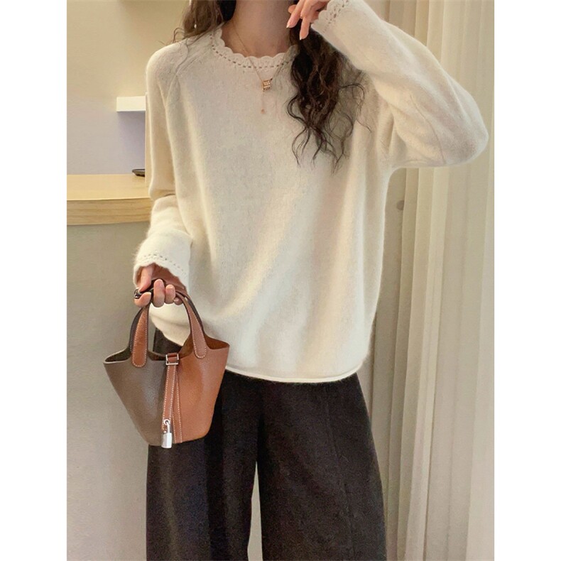 2026年秋季套头时尚百搭通勤简约休闲花边圆领，女装羊毛衫，佳弈羊绒