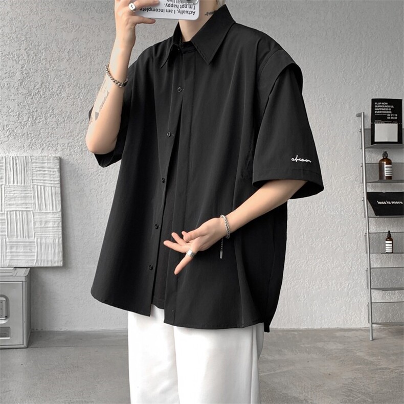8XL-M假两件垂感冰丝短袖衬衫大码夏季凉感小众设计衬衣DC5003P55,男装衬衫,电商B238