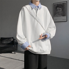 8XL-M韩版假两件撞色拼接卫衣长袖男翻领宽松套头上衣WY16P58，男装卫衣，电商D206-1